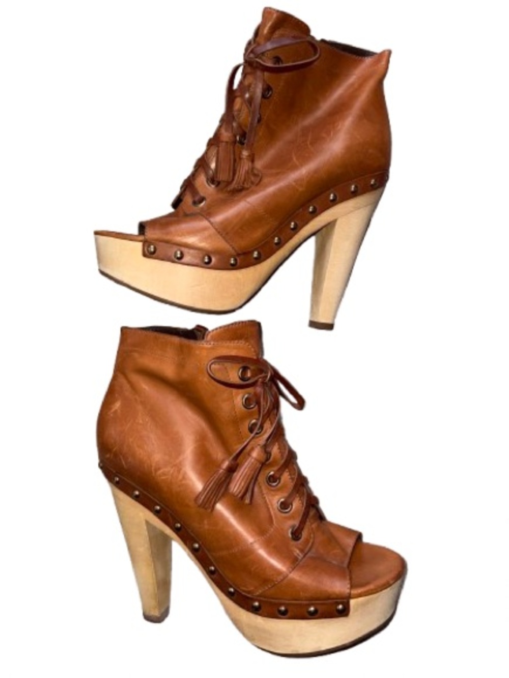 Via Spiga Brown Leather Peep-Toe Platform Heels size 7